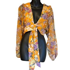 P2F Mustard Yellow Floral Tie Front Crop Top Ruffle Shoulder Boho Blouse XS
